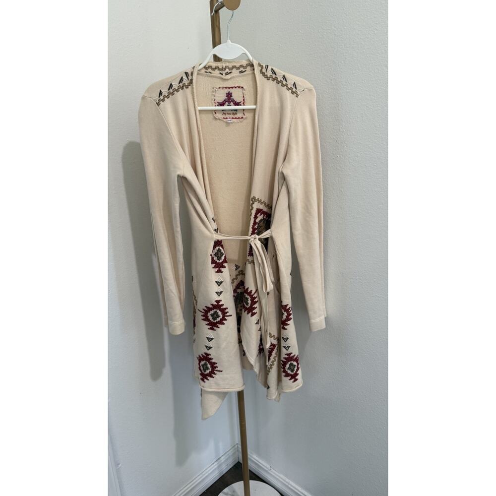JW Los Angeles Womens Embroidered Long Cardigan Jacket Sweater Beige‎ Ex Small